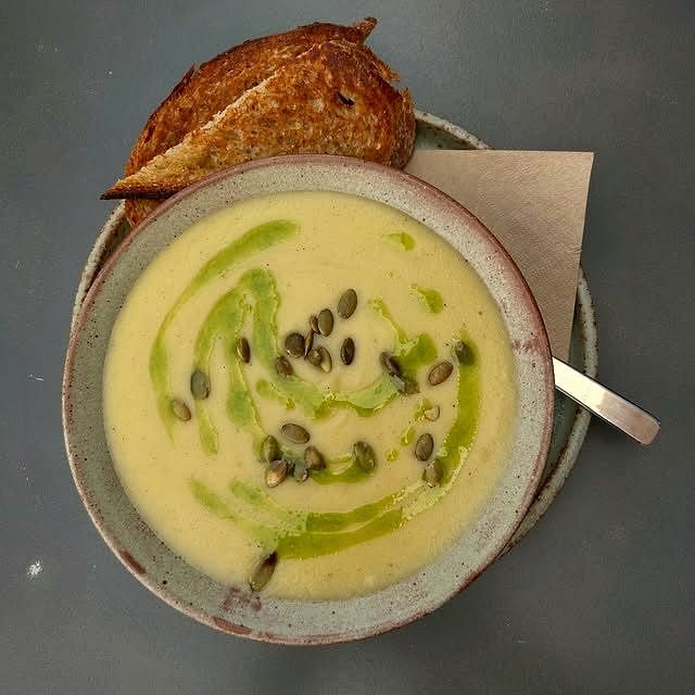 Soup of the day with toasted bread at Homeland Cafe